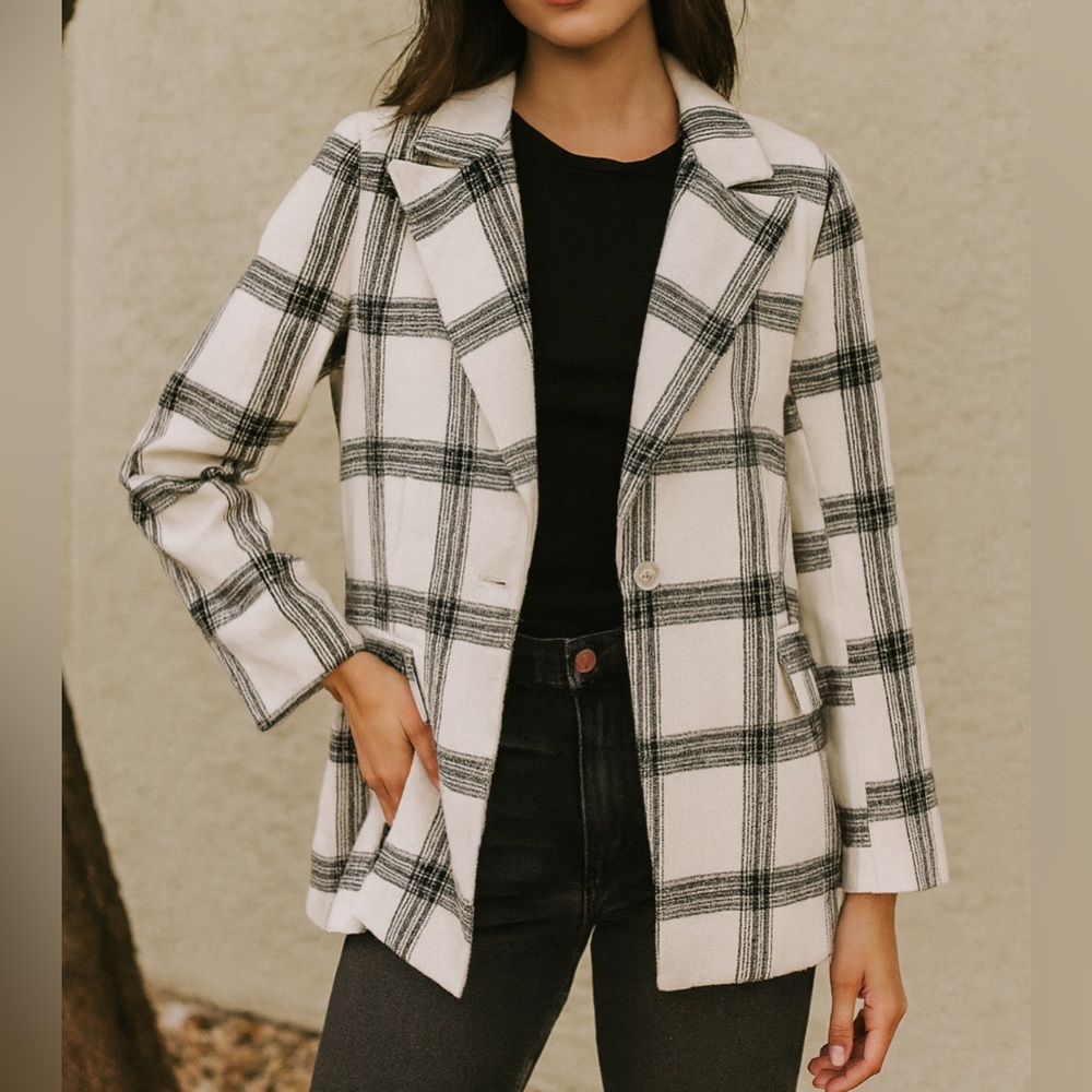 BOHME button front plaid soft collared blazer jacket with pockets sz S women’s p